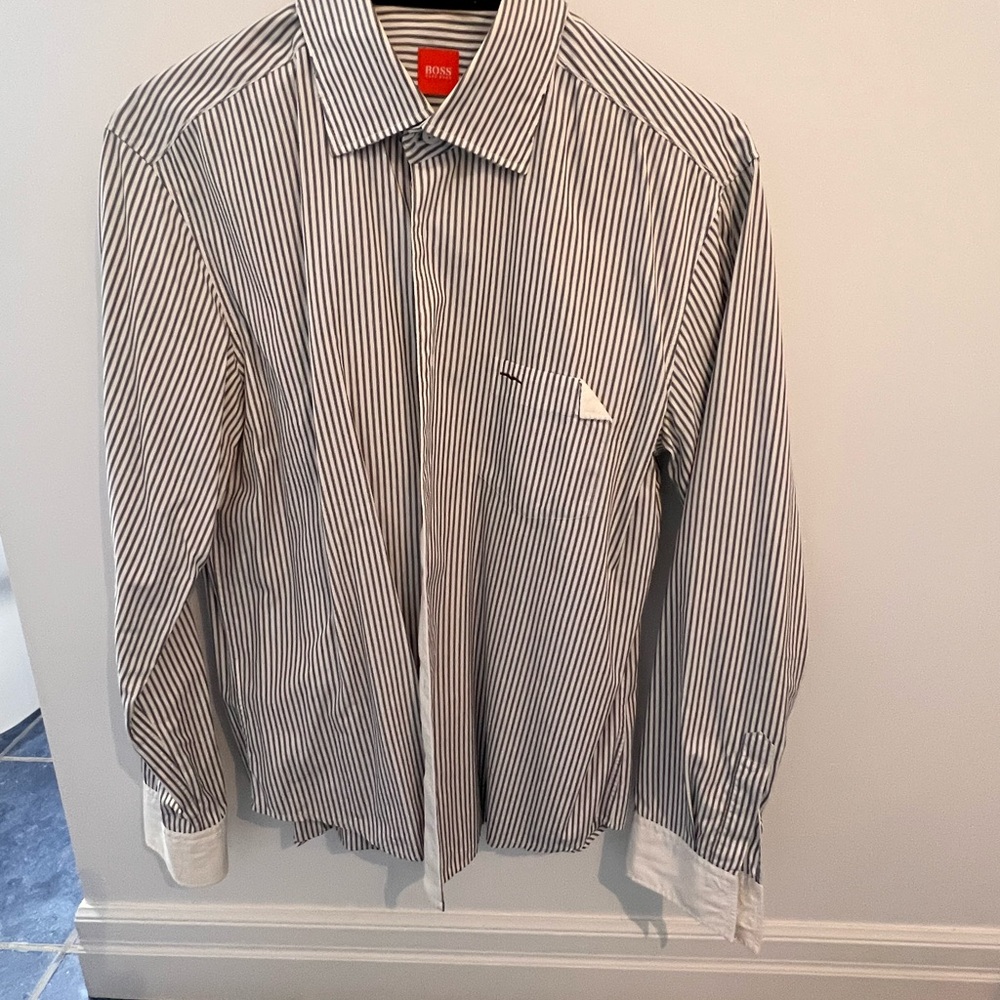 Boss Men's Pinstripe Black and White Dress Shirt